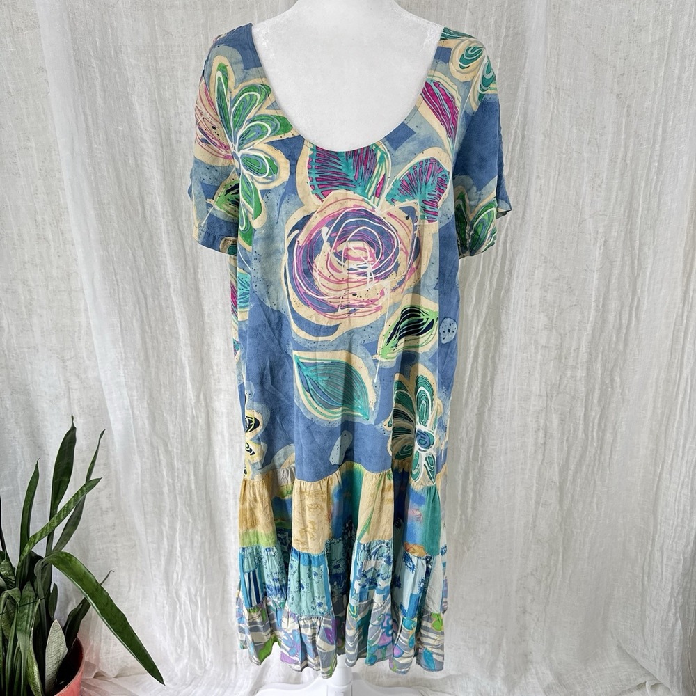 Vtg Jams World Hattie Dress L Tiered Ruffle Drop Waist Floral Tropical Hawaiian